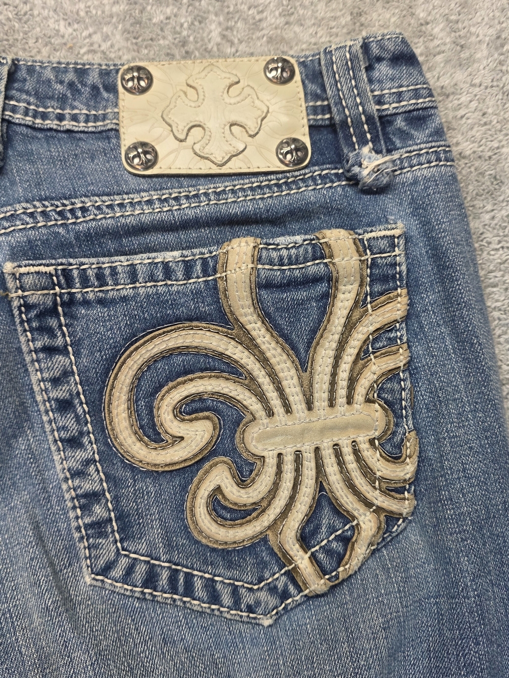 Vintage Y2k Miss Me Blue Denim Flare Leg Jeans with Cream Embroidered Pocket